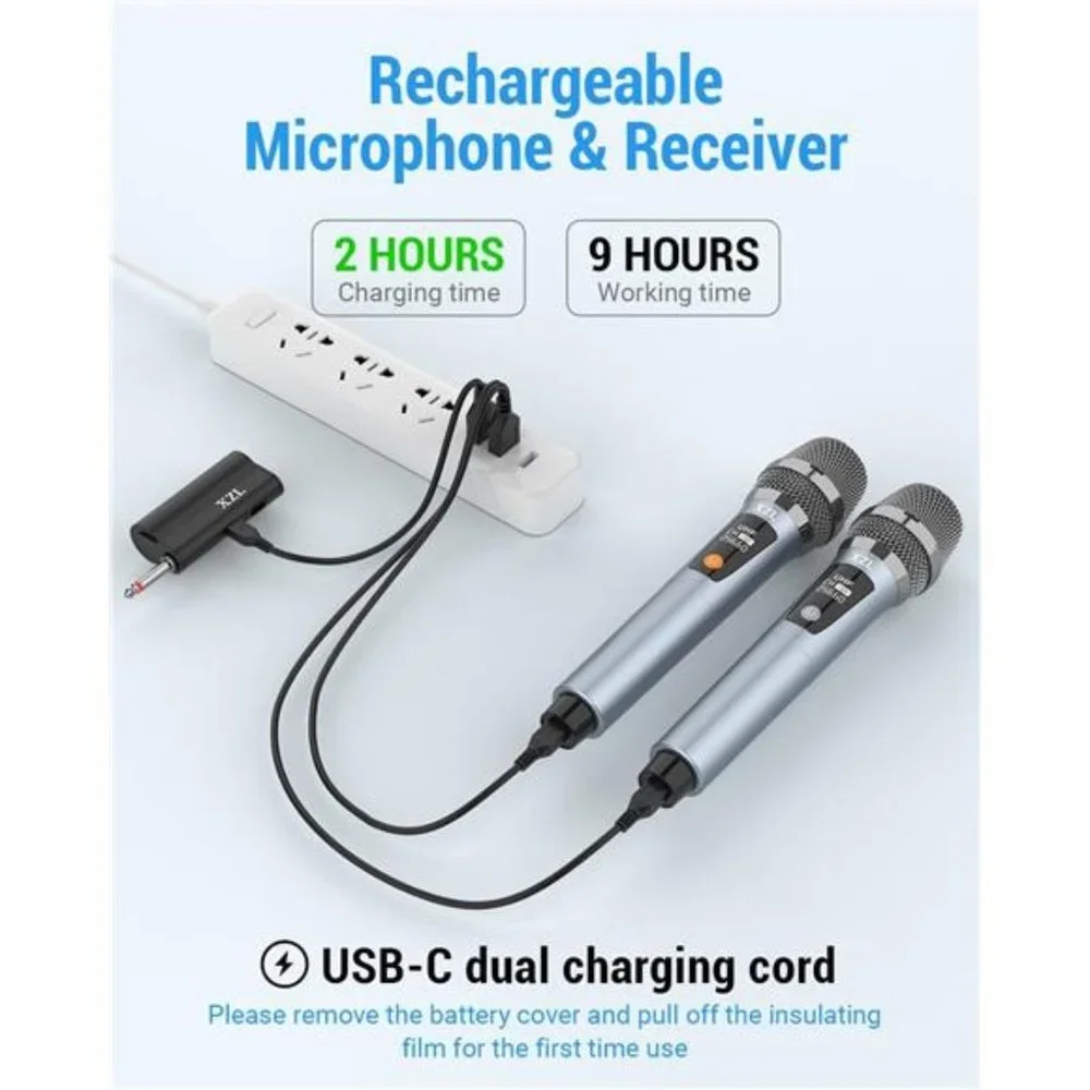 Professional Wireless Microphones for Karaoke Singing, Rechargeable Dual UHF